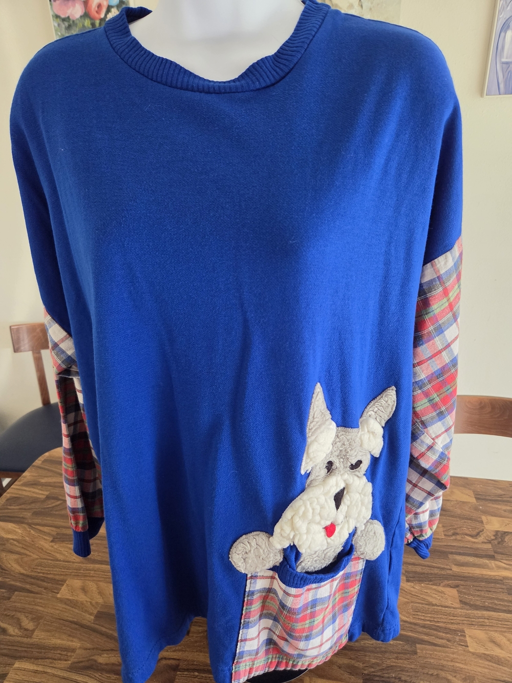 Vintage Kittens Shirt Women's Size Lg Blue Plaid Dog Long Sleeve Made USA 90s